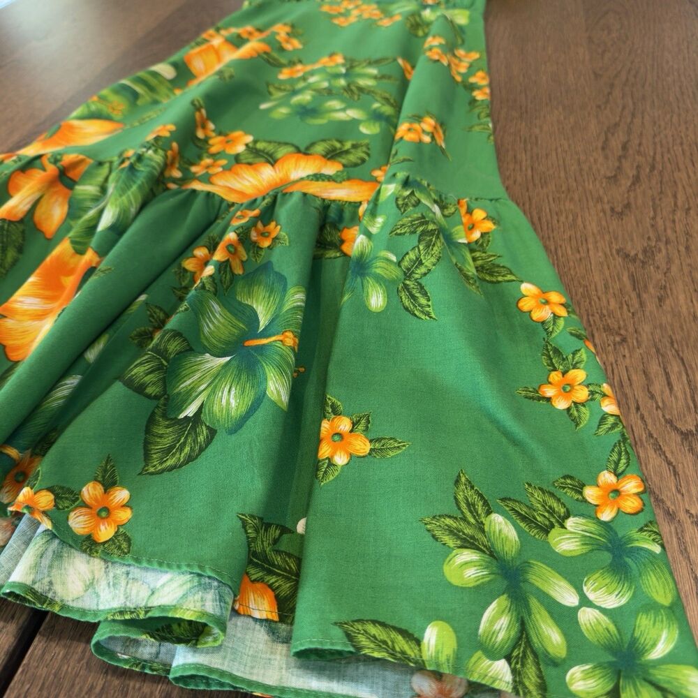 Vintage 70’s Royal Hawaiian Dress Womens M Green Yellow Hibiscus Cotton Smocked - Picture 3 of 5